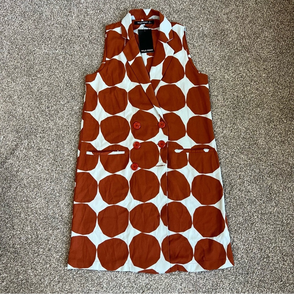 Wild Pony NWT Orange‎ White Polka Dot Double Breasted Mini Dress 60s 70s, Size S